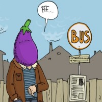 Dessin : L'homme &agrave; t&ecirc;te d'aubergine attend le bus