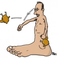 Dessin : L'homme-pied lance des poulets