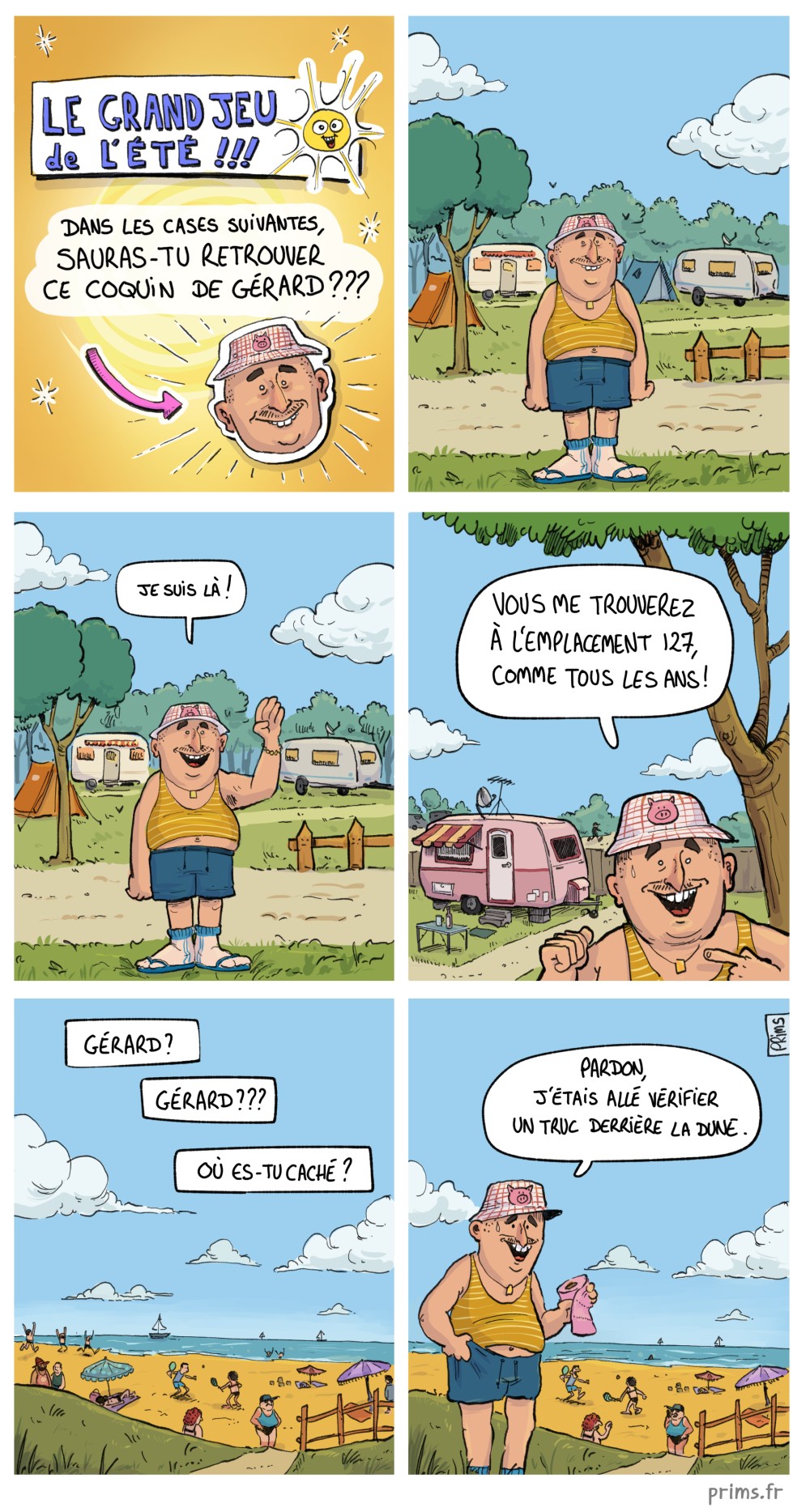 BD humour : O&ugrave; est cach&eacute; G&eacute;rard dans cet immense camping &agrave; proximit&eacute; de la mer ?