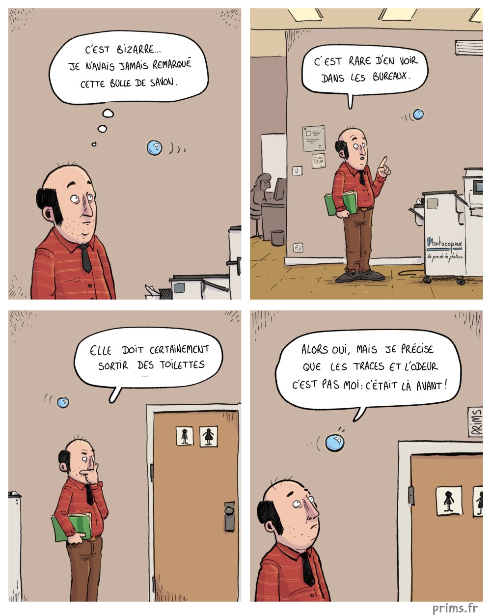 BD humour : Un homme est intrigu&eacute; par une bulle de savon
