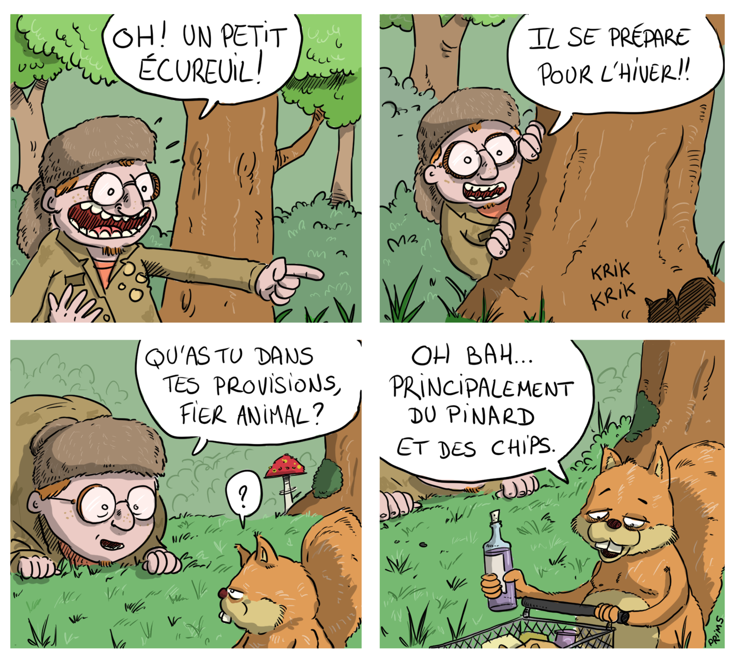 Dessin, BD : &Eacute;cureuil pr&eacute;venant - par Prims