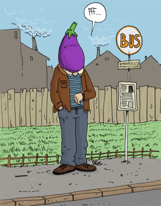 Dessin : L'homme à tête d'aubergine attend le bus