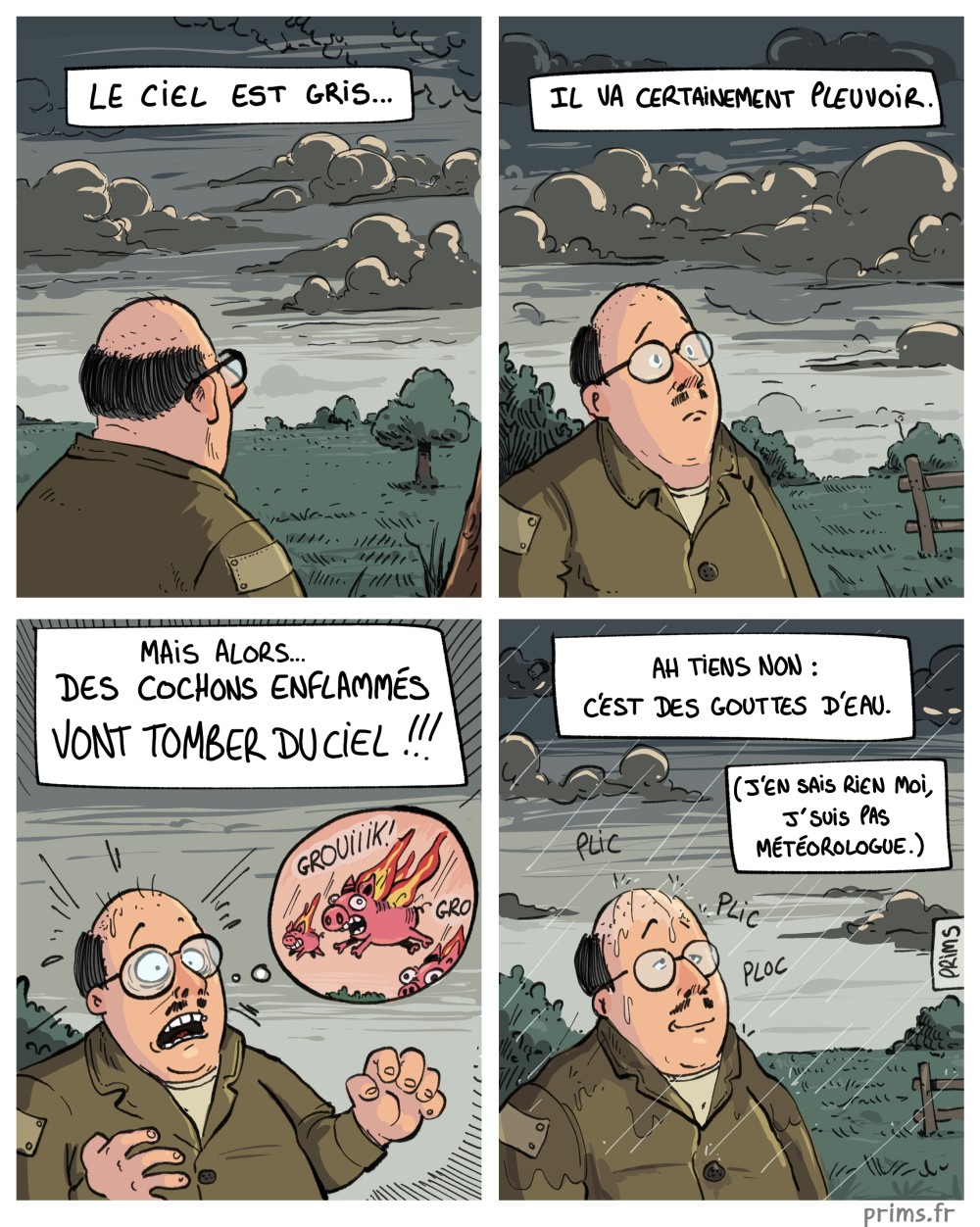 Le temps est gris : un homme contemple le ciel. Il va pleuvoir.