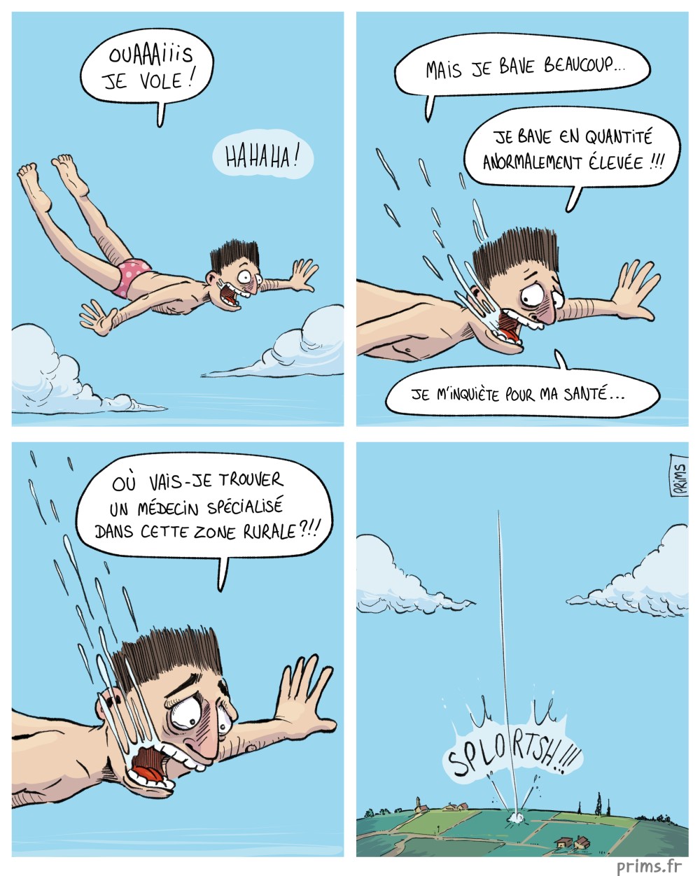 BD humour : Un homme plane dans le ciel : il vole mais il bave.