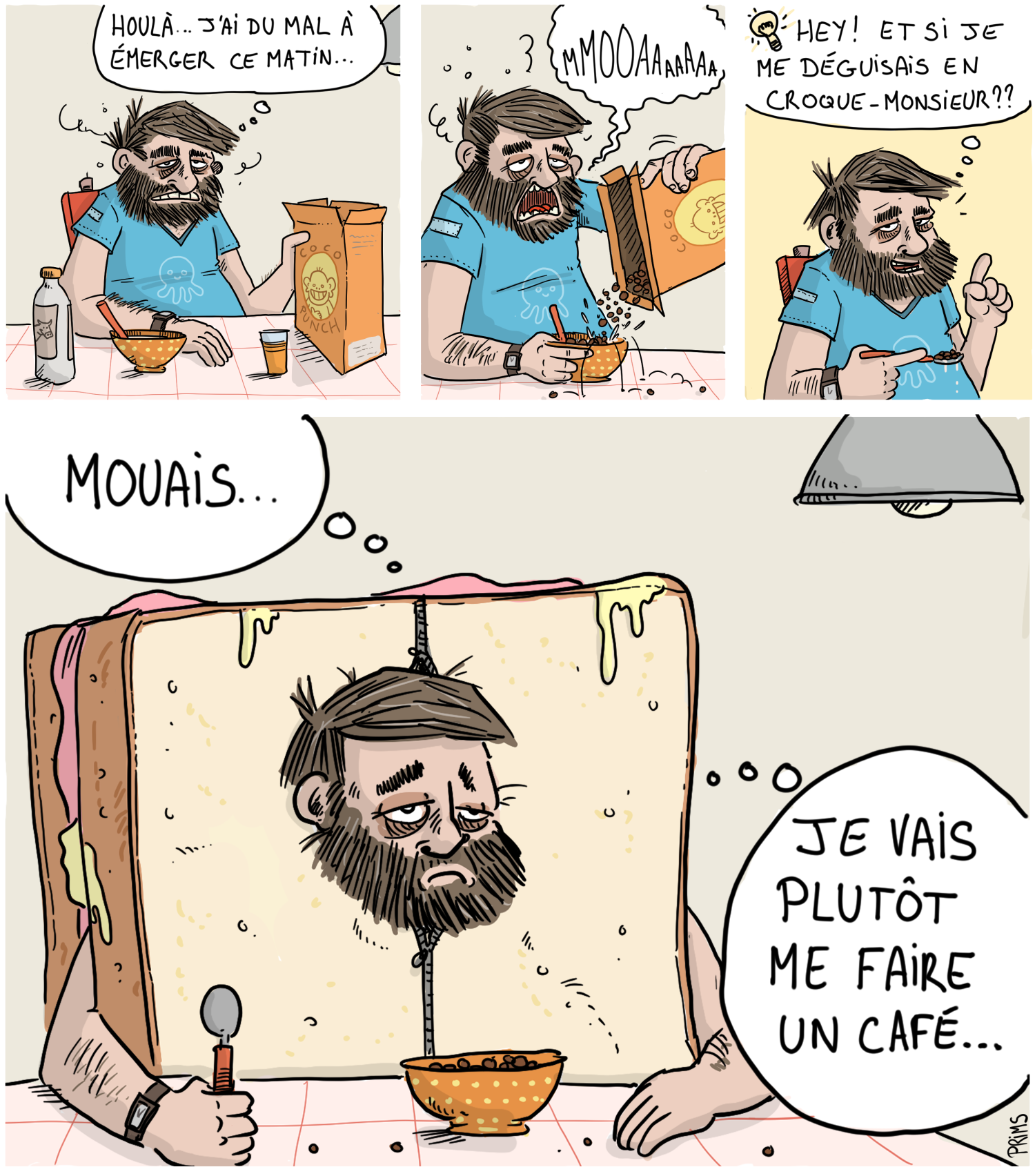 Dessin, BD : Laborieux r&eacute;veil - par Prims