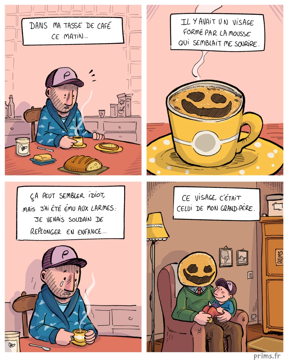 BD humour : Au petit d&eacute;jeuner, il y a un sourire dans le caf&eacute;.